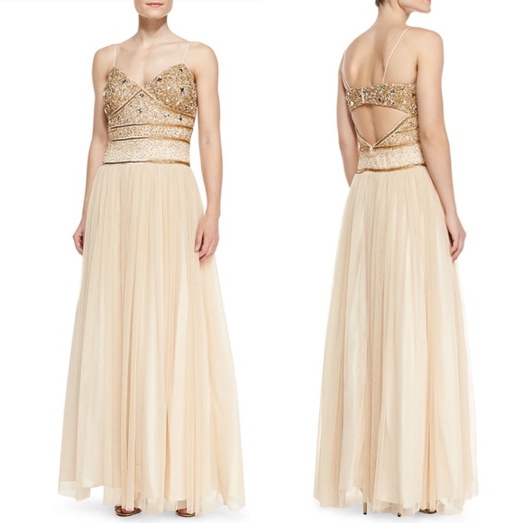 Aidan Mattox beaded spaghetti strap sleeveless tulle long gown - Picture 2 of 8